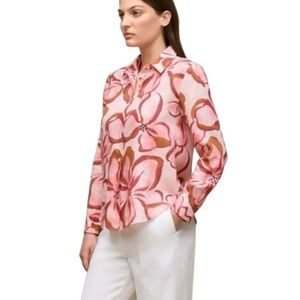 French Linen Peony Button Up Shirt Tenery Size US 6 8 Floral Cottagecore Luxury